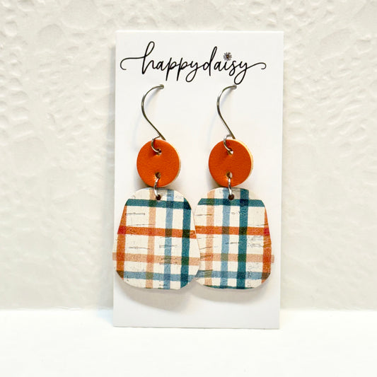 Fall Plaid Orange Turquoise Cork on Leather Earrings