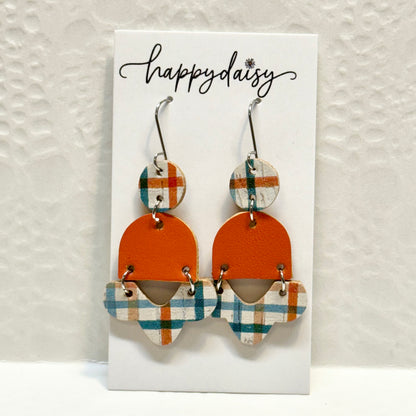 Fall Plaid Orange Turquoise Cork on Leather and Baby Chopper Earrings