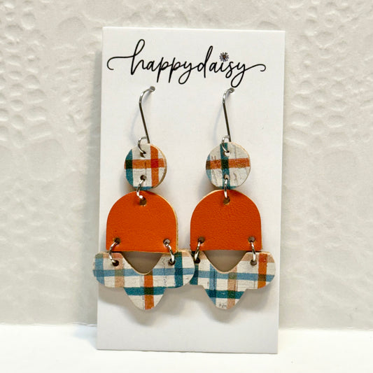 Fall Plaid Orange Turquoise Cork on Leather and Baby Chopper Earrings