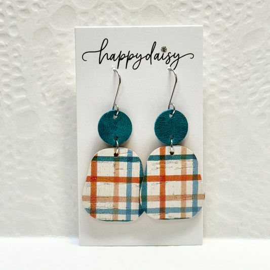 Fall Plaid Orange Turquoise Cork on Leather Earrings