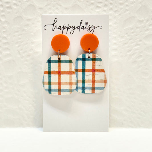 Fall Plaid Orange Turquoise Cork on Leather Earrings