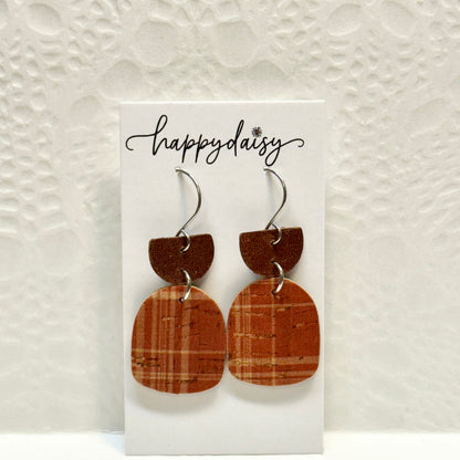 Fall Plaid Rust and Tan Cork on Leather Earrings