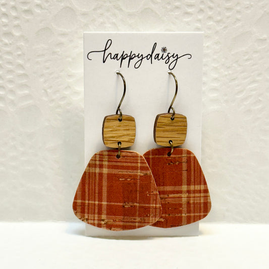 Fall Plaid Rust and Tan Cork on Leather Earrings