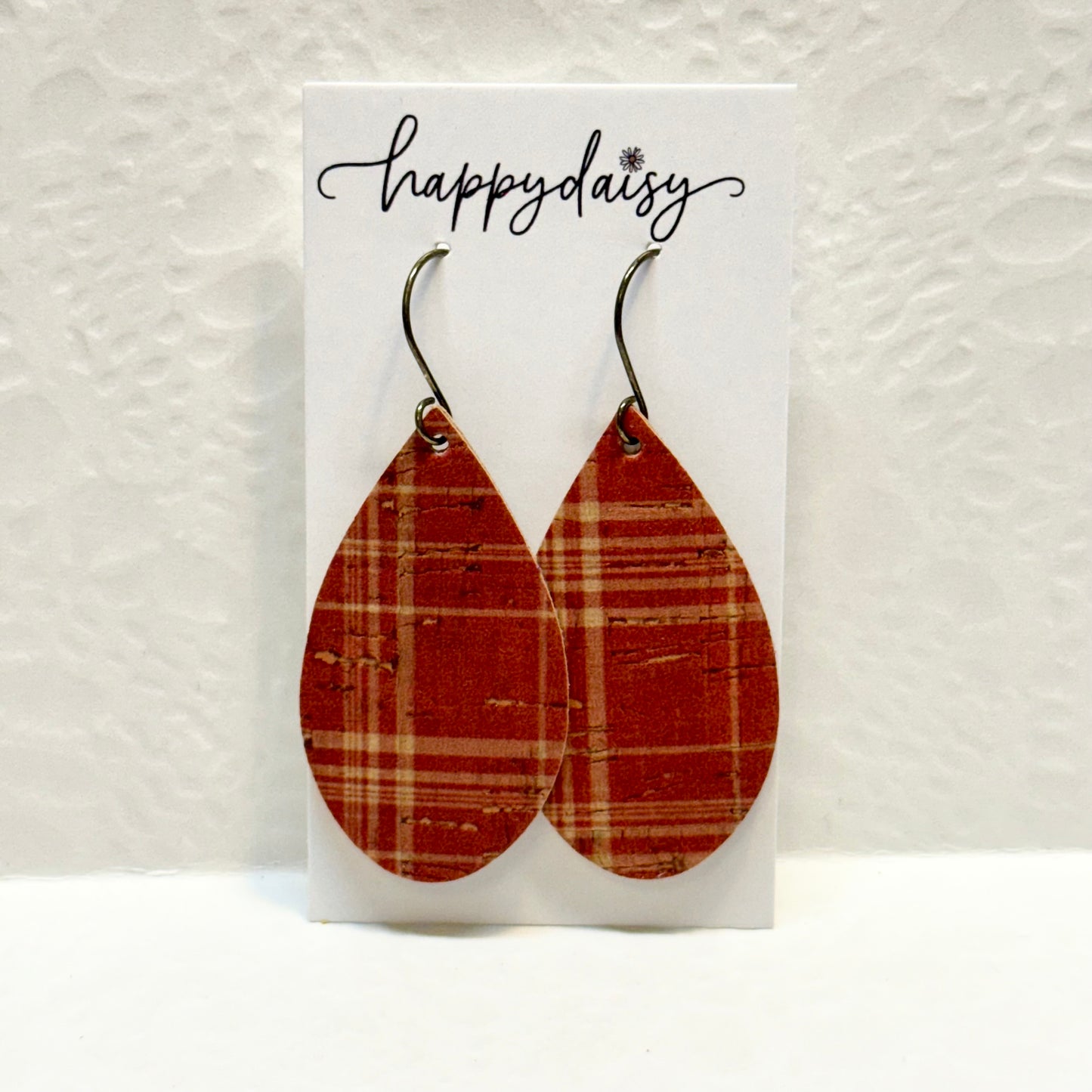 Fall Plaid Rust and Tan Cork on Leather Teardrop Earrings