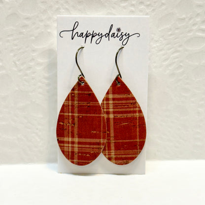 Fall Plaid Rust and Tan Cork on Leather Teardrop Earrings