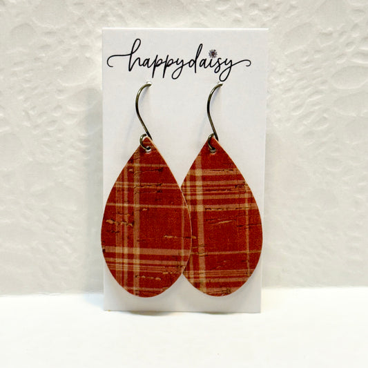 Fall Plaid Rust and Tan Cork on Leather Teardrop Earrings