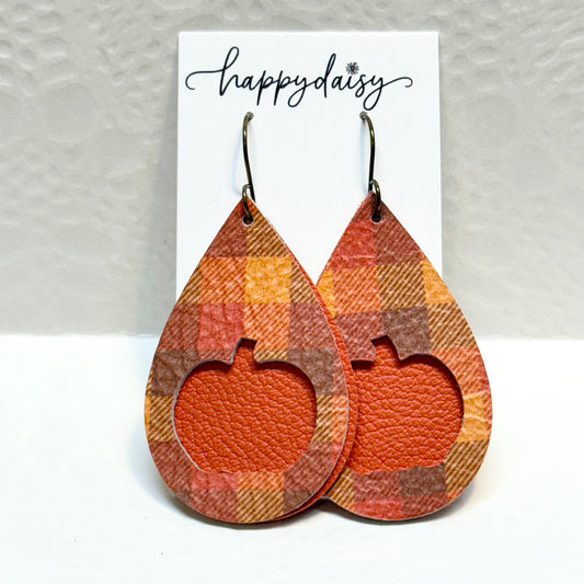 Fall Plaid Pumpkin Cut-out Brown Orange YellowDouble Layer Leather Teardrop Earrings