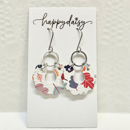 Fall Leaf Print Scalloped Leather Earrings