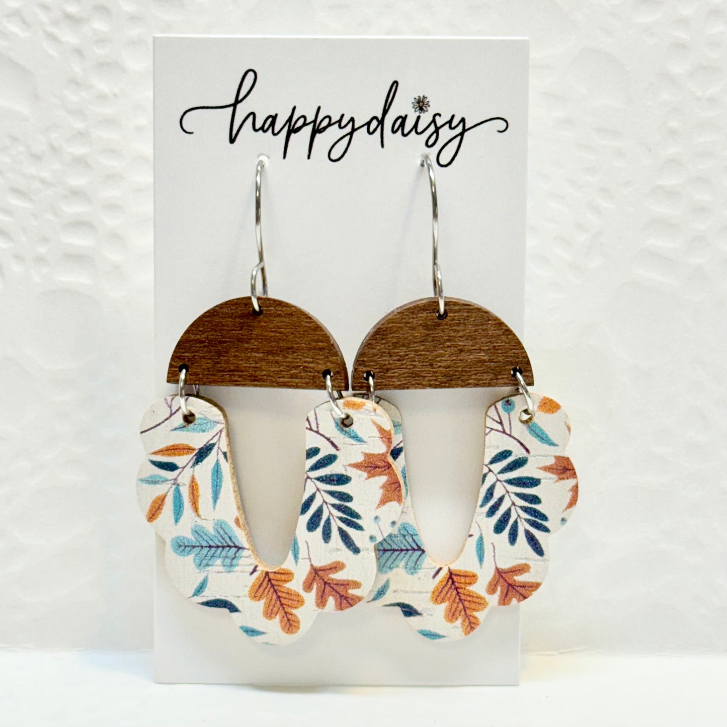 Fall Leaf Print Cork on Leather Earrings