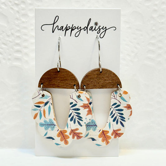 Fall Leaf Print Cork on Leather Earrings
