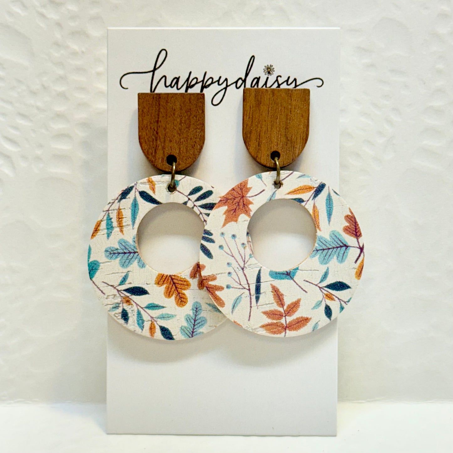 Fall Leaf Print "Mandy" Cork on Leather Earrings with Wood Stud Toppers
