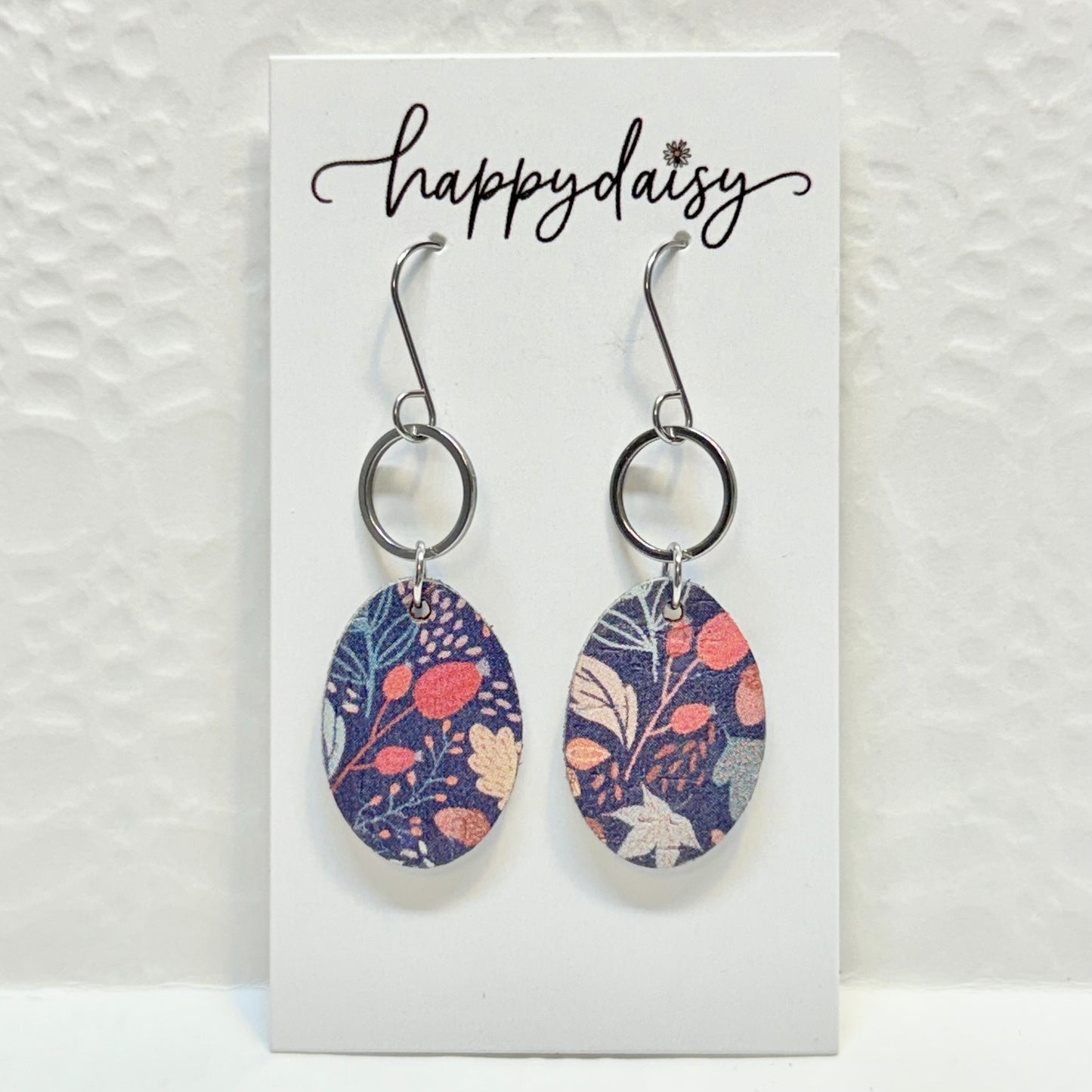 Fall Leaf Print on Navy Cork on Leather Earrings