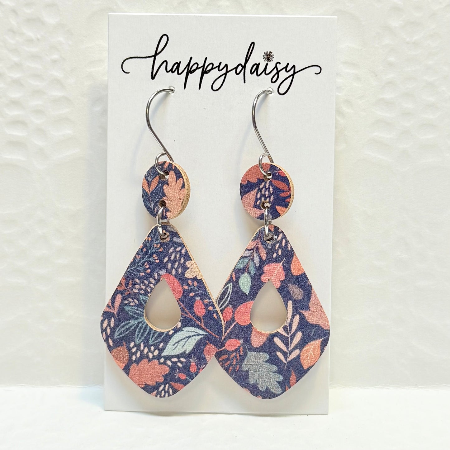 Fall Leaf Print on Navy Cork on Leather Earrings