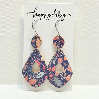 Fall Leaf Print on Navy Cork on Leather Earrings