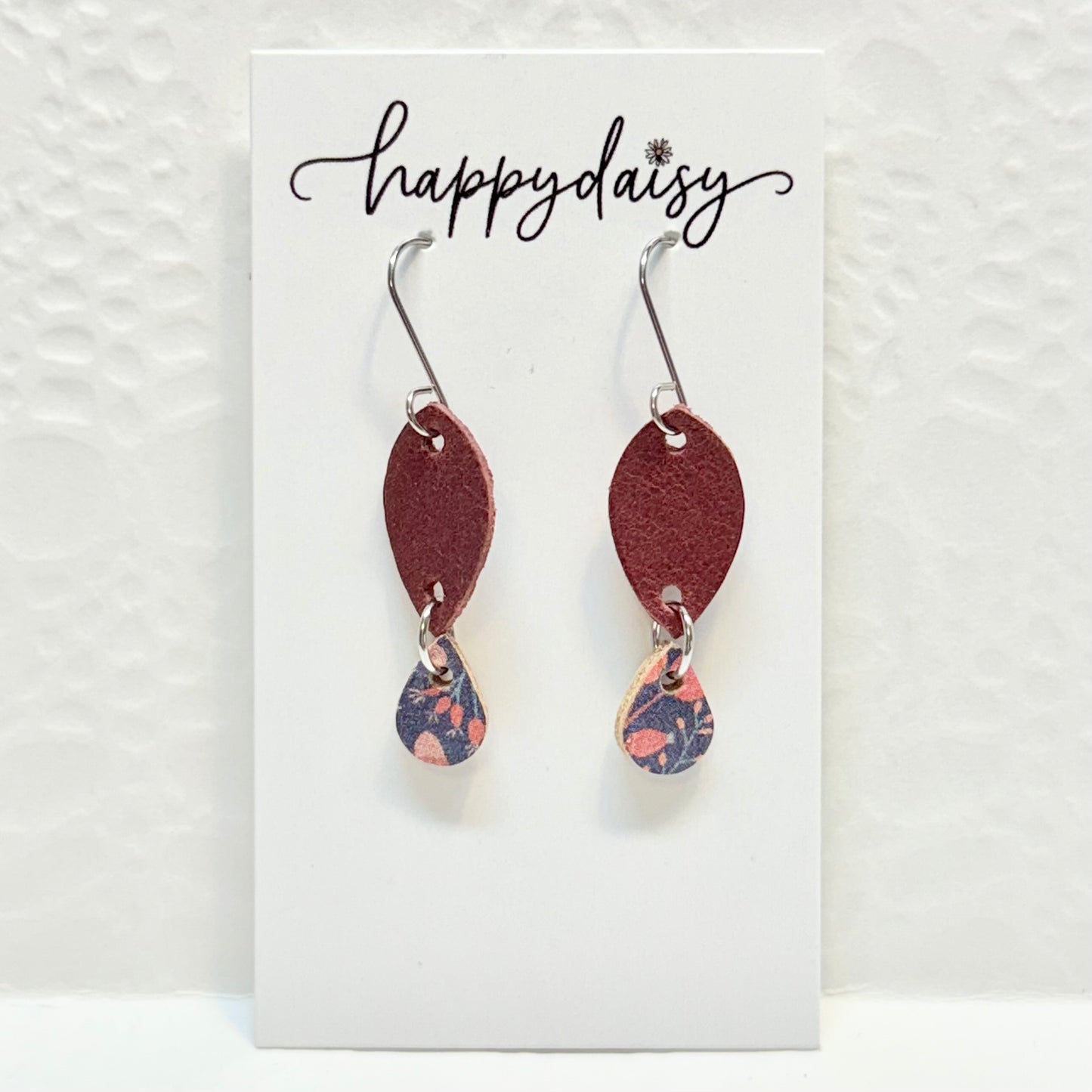 Fall Leaf Print on Navy Cork on Leather Earrings