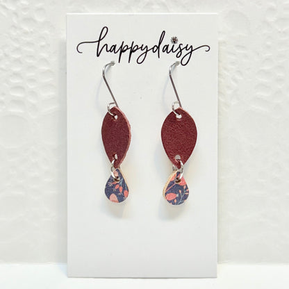 Fall Leaf Print on Navy Cork on Leather Earrings