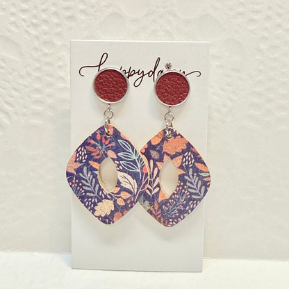 Fall Leaf Print on Navy Cork on Leather Earrings