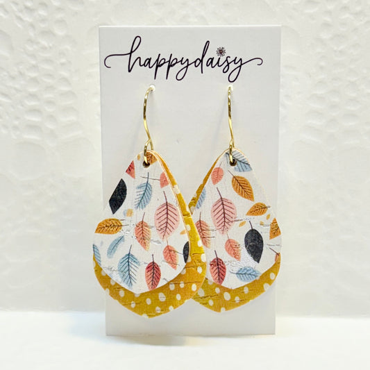 Fall Leaf Print Double Layer Cork on Leather Earrings