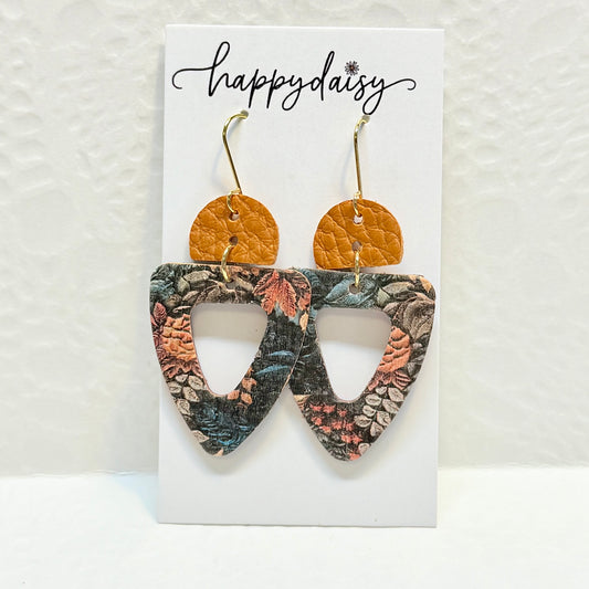 Fall Leaf Print Hunter Green Orange Cork on Leather Vibe Earrings