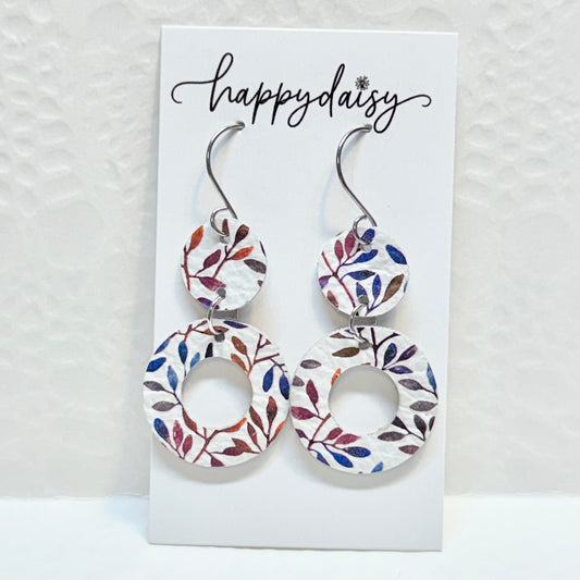 Fall Leaf Print Blue Burgundy Leather Earrings