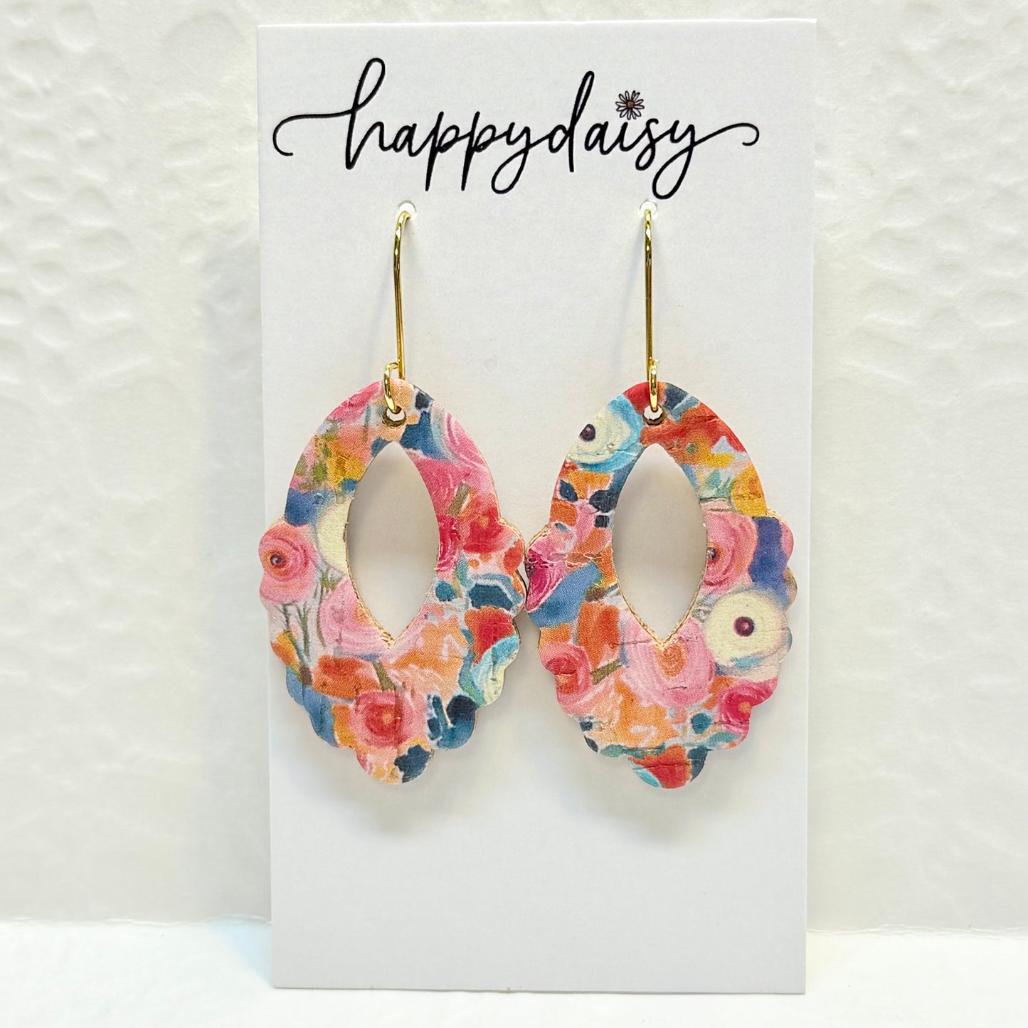 Fall Floral Print Cork on Leather Scallop Drop Earrings