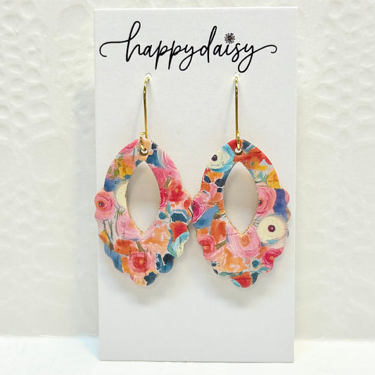 Fall Floral Print Cork on Leather Scallop Drop Earrings