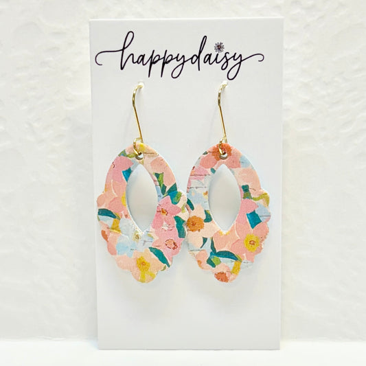 Fall Floral Print Cork on Leather Scallop Drop Earrings