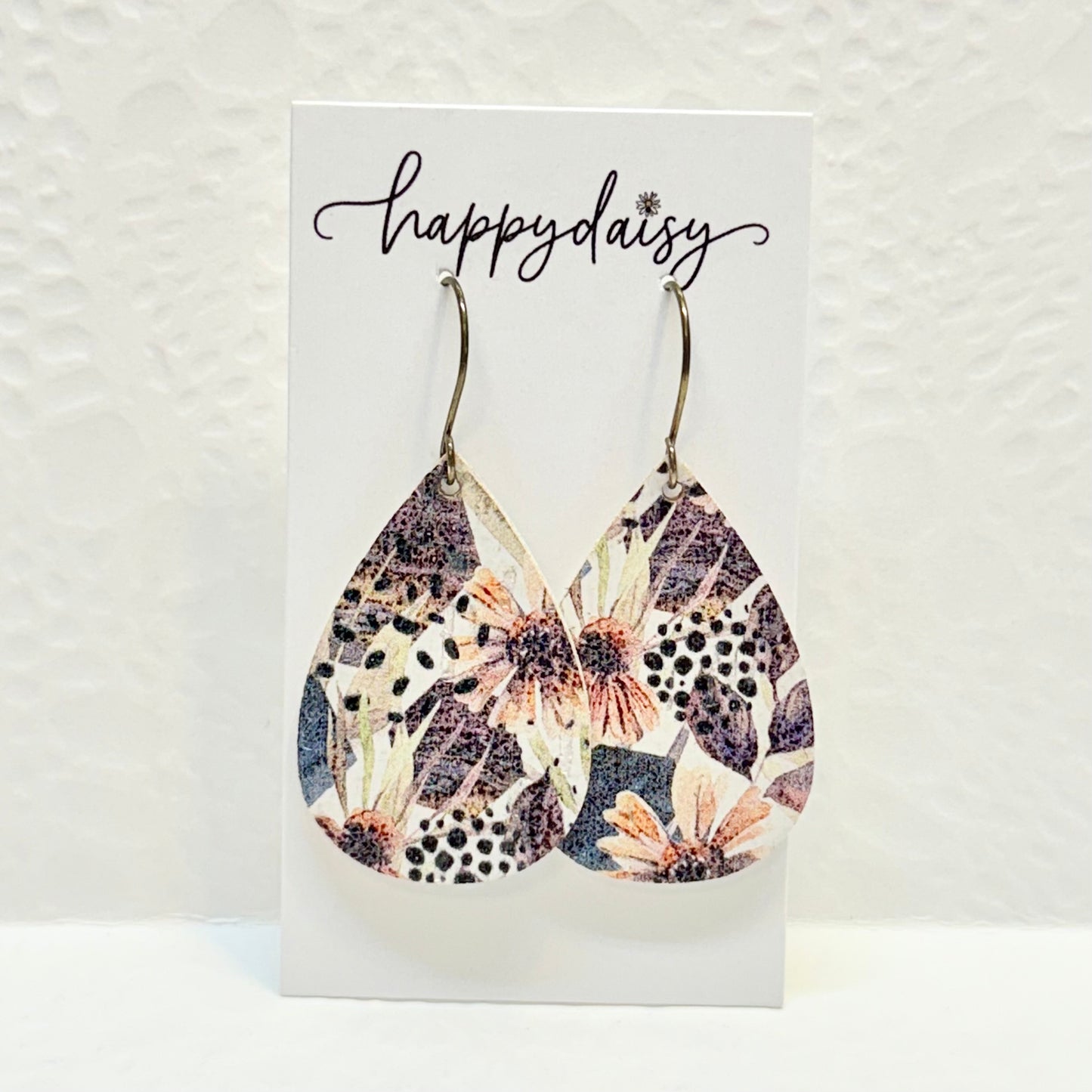 Fall Floral Print Teardrop Cork on Leather Earrings