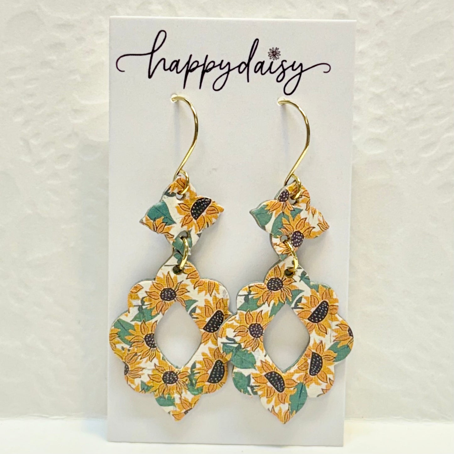 Fall Sunflower Print Cork on Leather Earrings