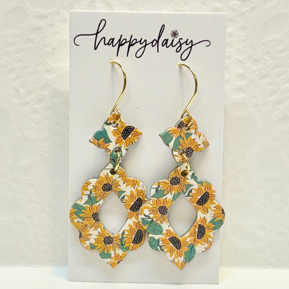 Fall Sunflower Print Cork on Leather Earrings