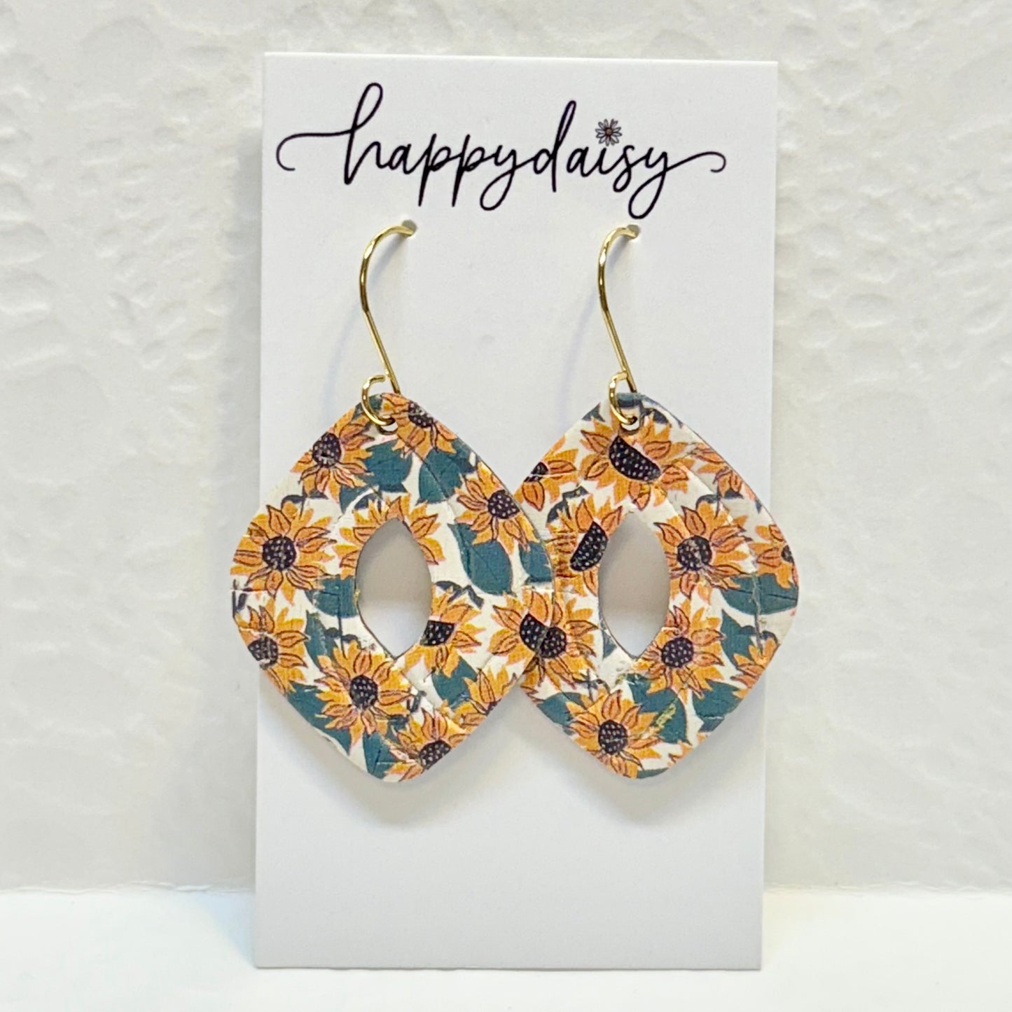 Fall Sunflower Print Cork on Leather Earrings
