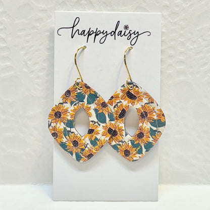 Fall Sunflower Print Cork on Leather Earrings