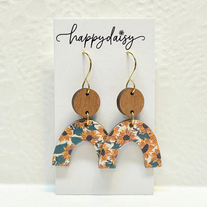 Fall Sunflower Print Cork on Leather Earrings