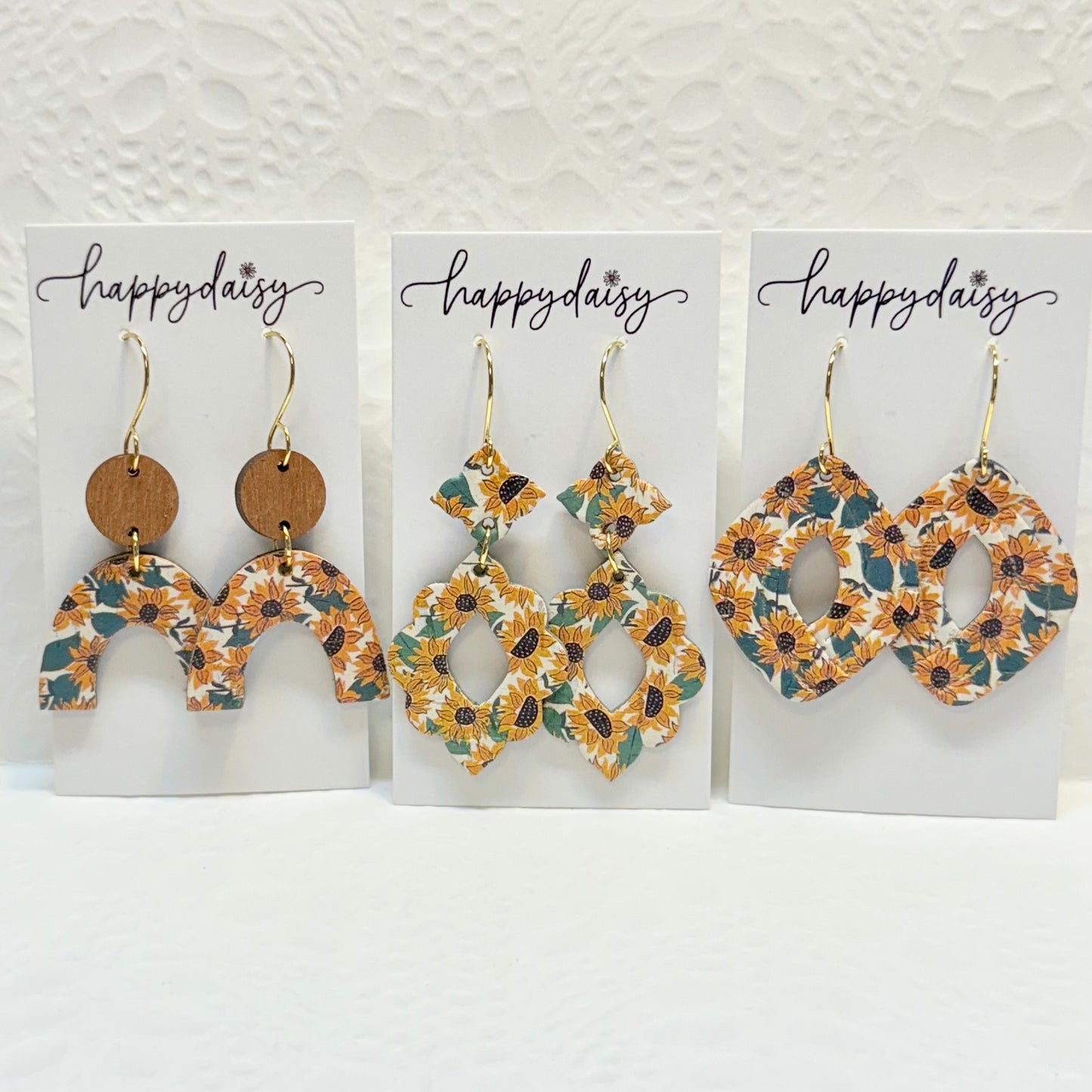 Fall Sunflower Print Cork on Leather Earrings
