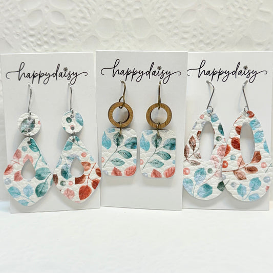 Fall Floral Leaf Print Leather Earrings