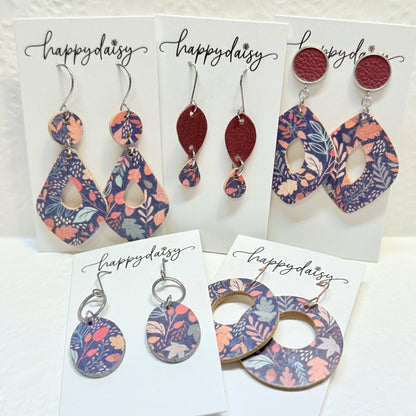 Fall Leaf Print on Navy Cork on Leather Earrings