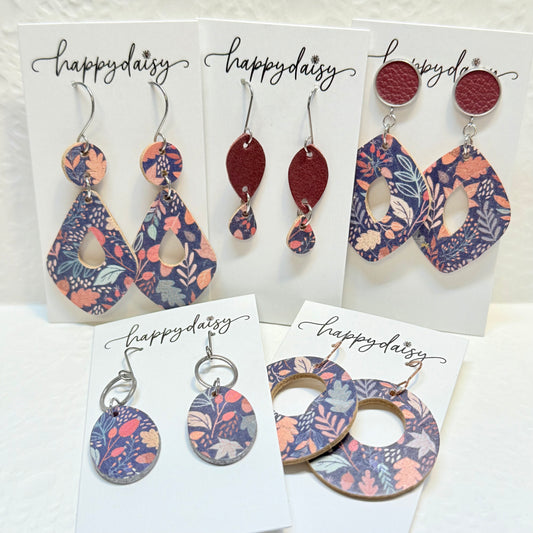 Fall Leaf Print on Navy Cork on Leather Earrings