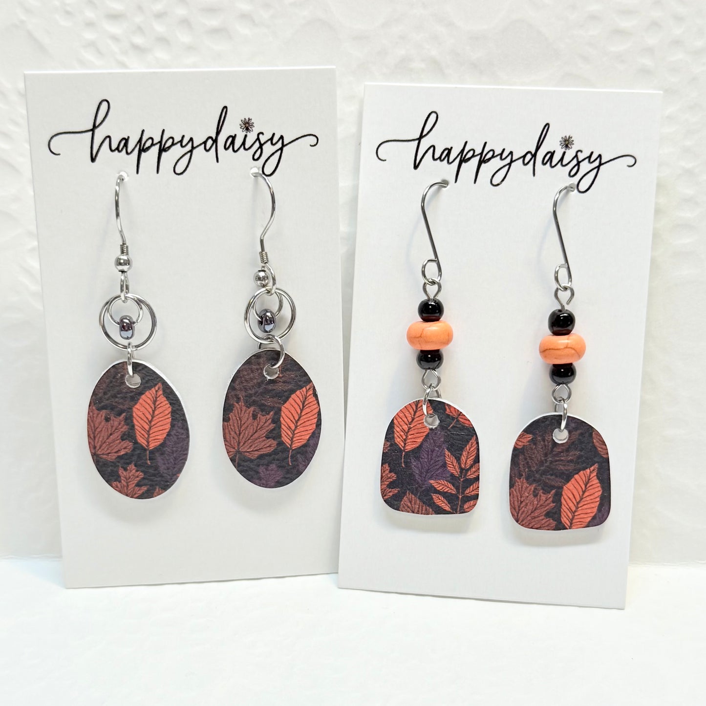 Fall Leaf Print on Black Leather Earrings with Bead Accents