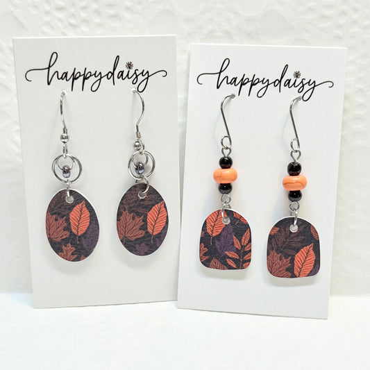 Fall Leaf Print on Black Leather Earrings with Bead Accents