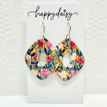 Fall Floral Print Cork on Leather Earrings