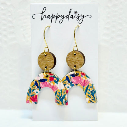 Fall Floral Print Cork on Leather Earrings