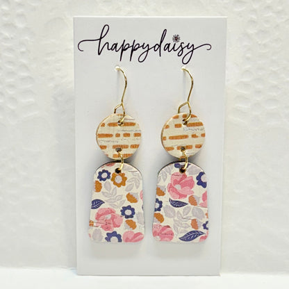 Fall Floral Print Cork on Leather Lizzie Earrings