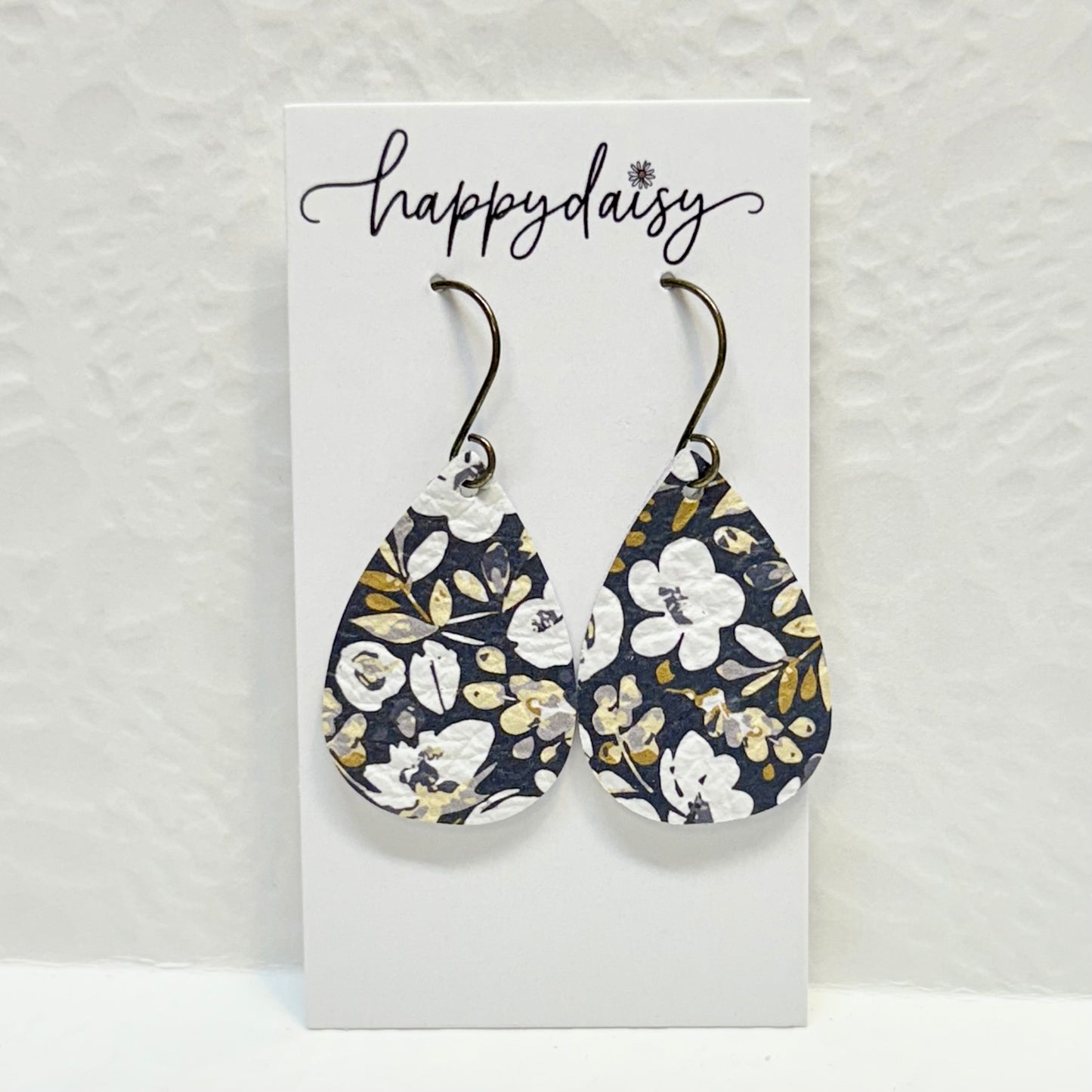 Fall Floral Print Navy Silver Gold Leather Earrings