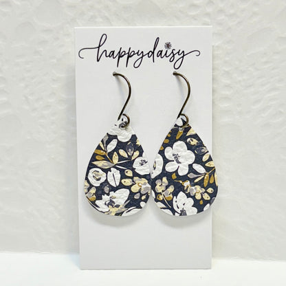 Fall Floral Print Navy Silver Gold Leather Earrings