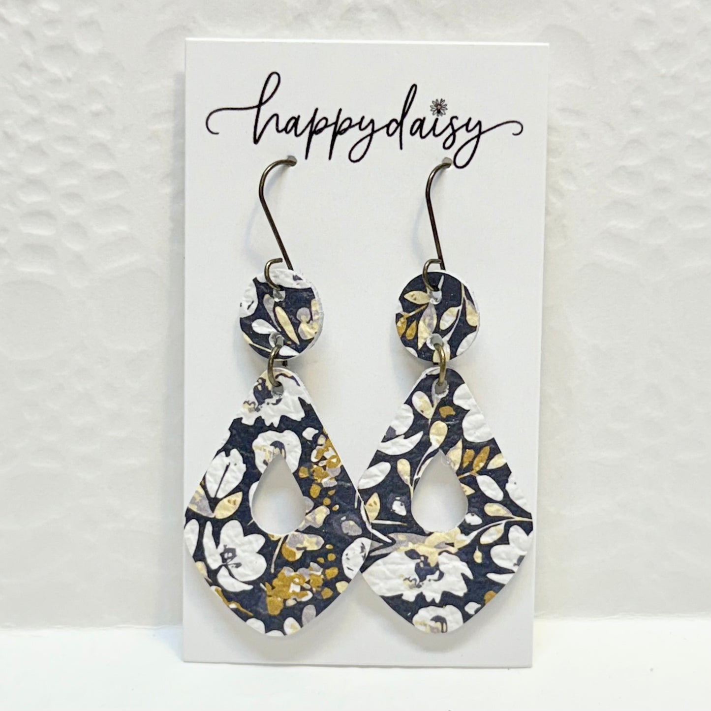 Fall Floral Print Navy Silver Gold Leather Earrings