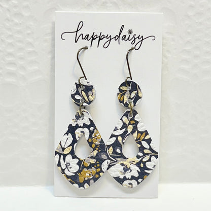 Fall Floral Print Navy Silver Gold Leather Earrings