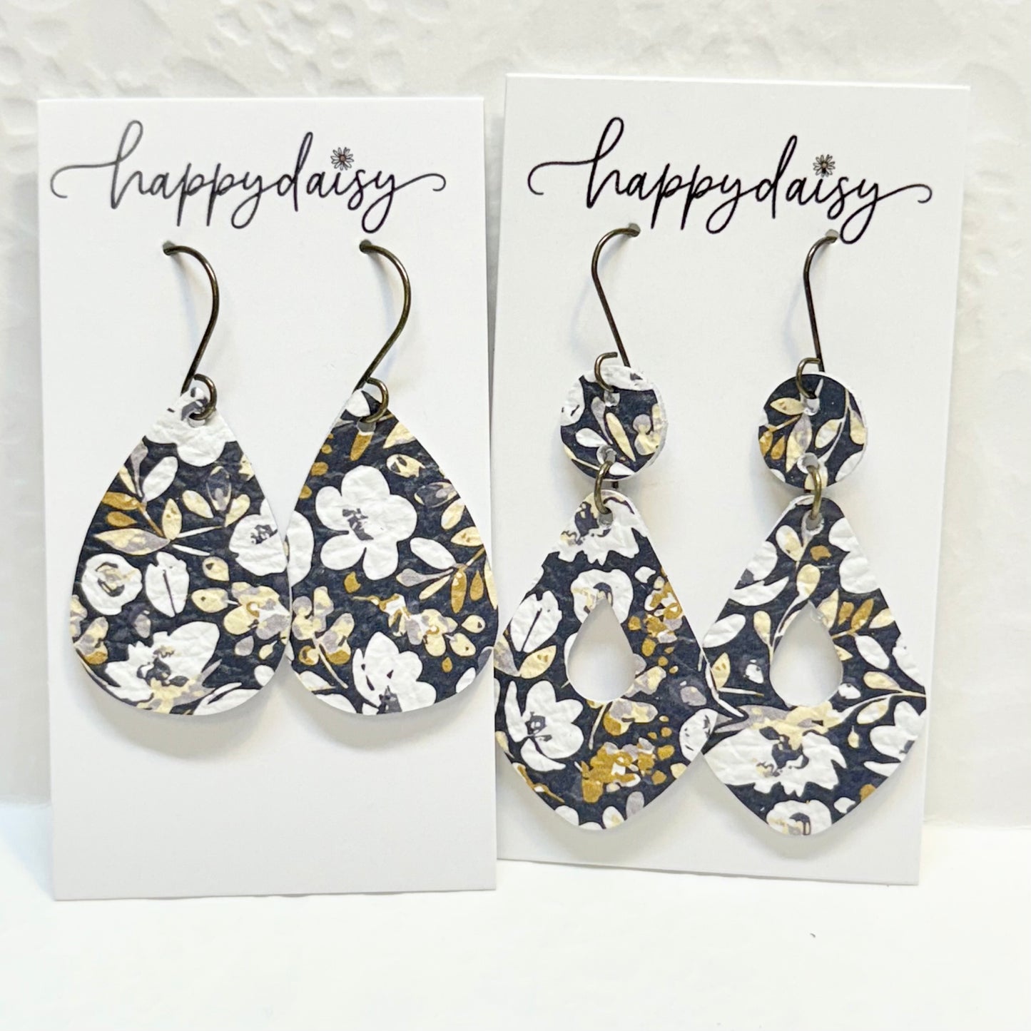 Fall Floral Print Navy Silver Gold Leather Earrings