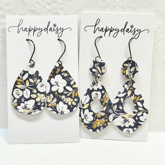 Fall Floral Print Navy Silver Gold Leather Earrings
