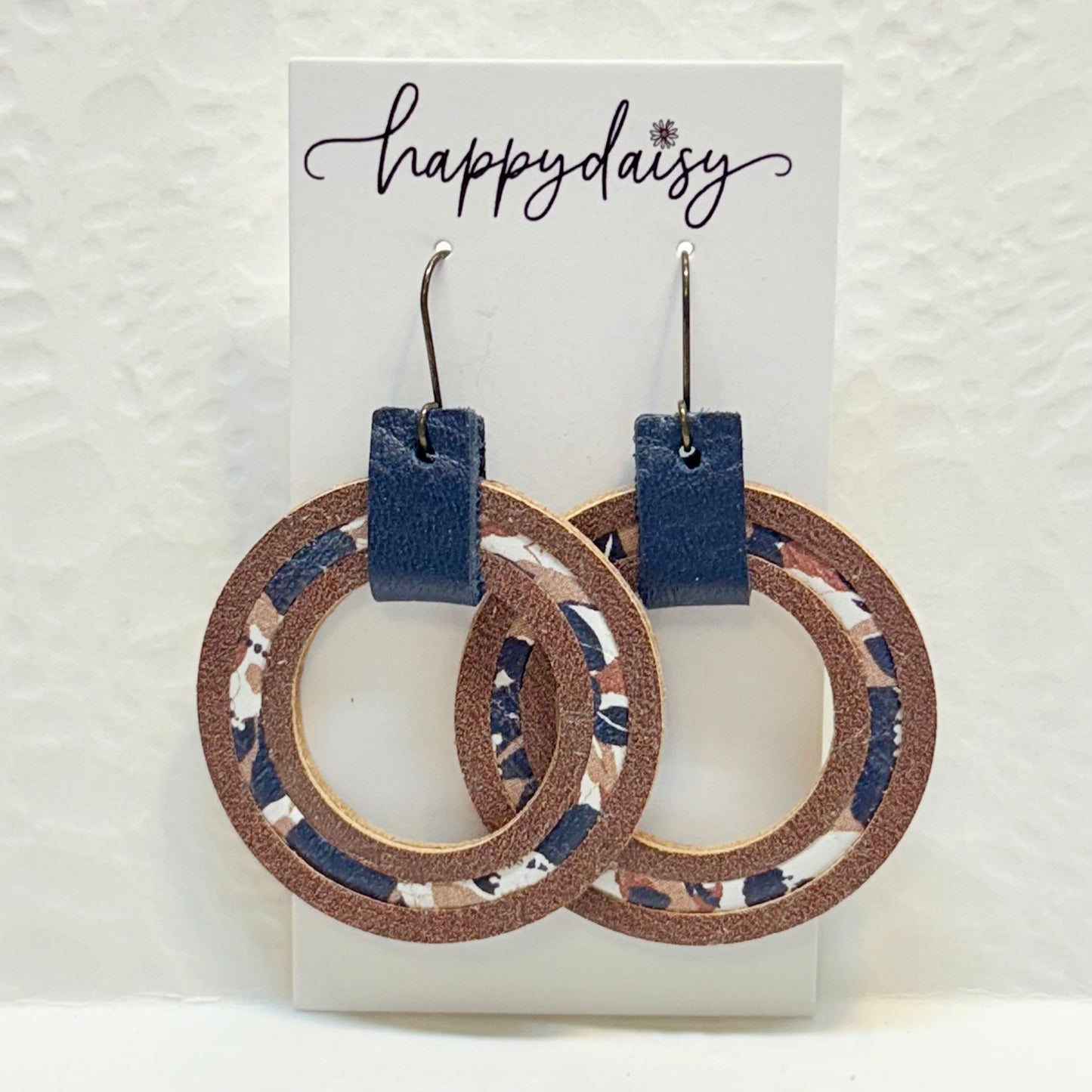 Fall Floral Print Brown Navy Cork on Leather Hoop Earrings