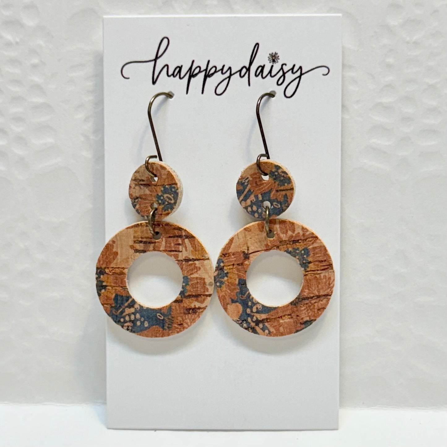 Fall Floral Print Brown Navy Cork on Leather Halo Earrings